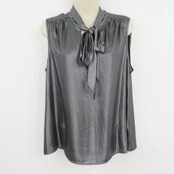 Calvin Klein Womens Large Metallic Silver Gray Sleeveless Neck Tie Shirt Blouse - Picture 8 of 8
